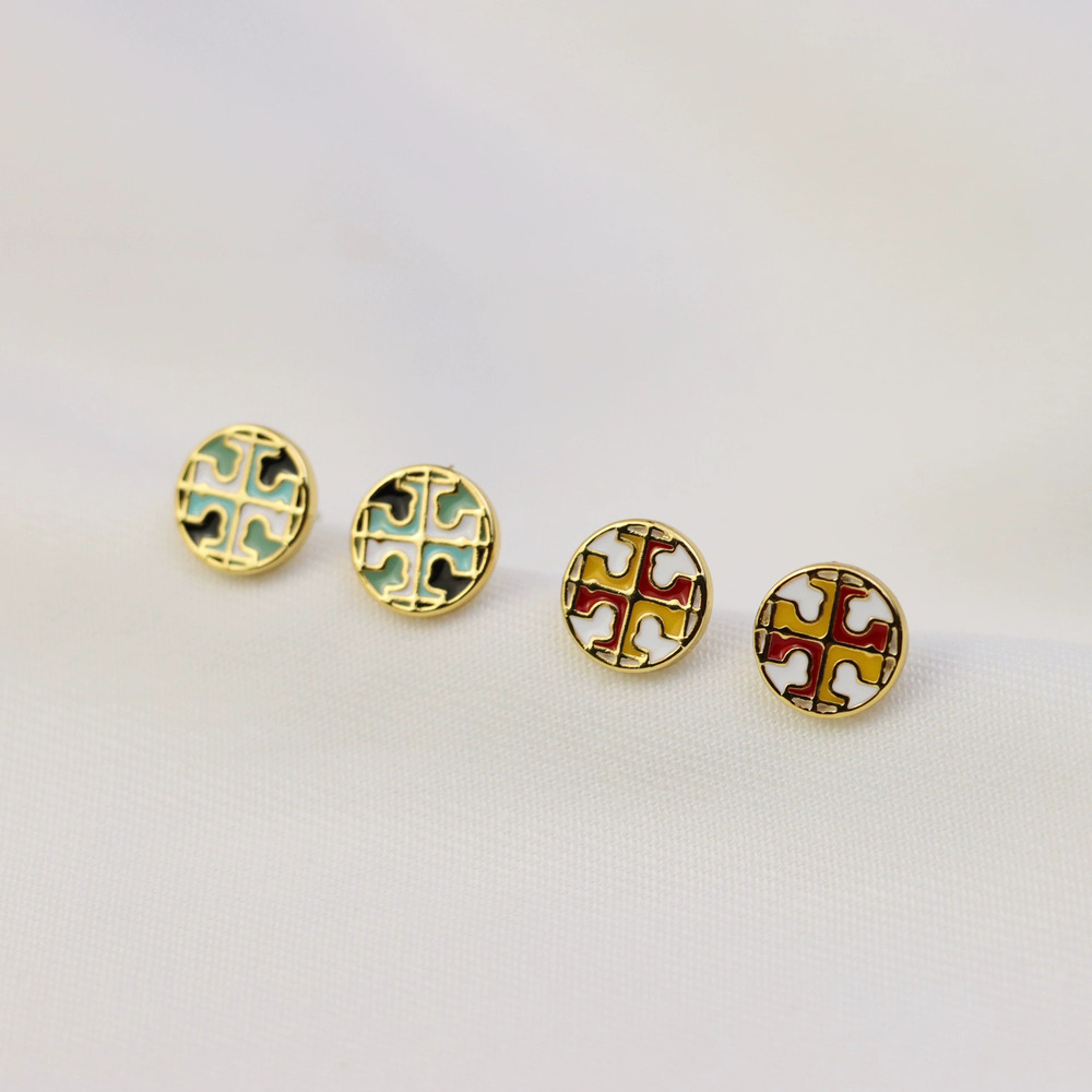 Tory Burch Bafeng Mini Classic Color Block Enamel Earrings Gold Plated Brass